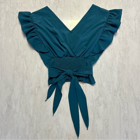 Teal Ruffle V-Neck Crop Top with Side Ties or tie in back - Picture 4 of 6